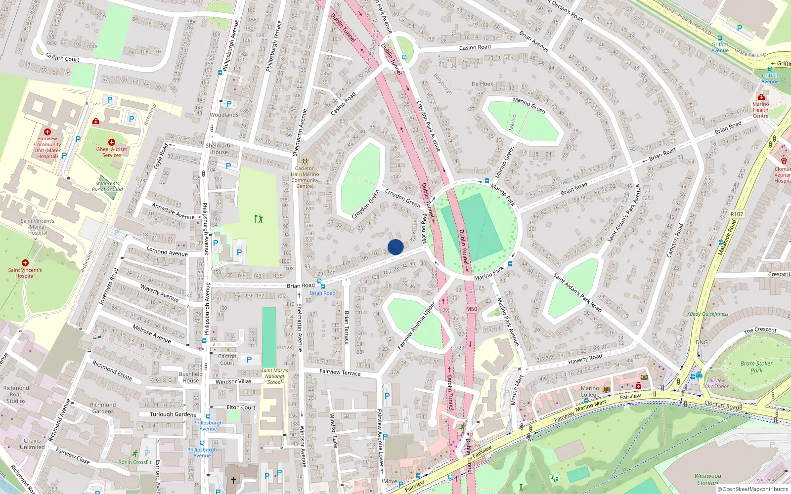 Overhead map showing the location of 93 Brian Road, Marino, Dublin 3
