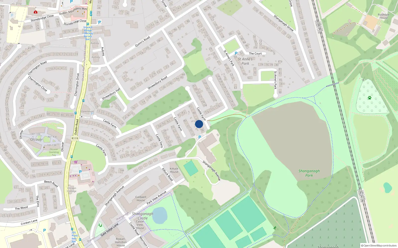 Overhead map showing the location of 93 Castle Farm, Dublin 18