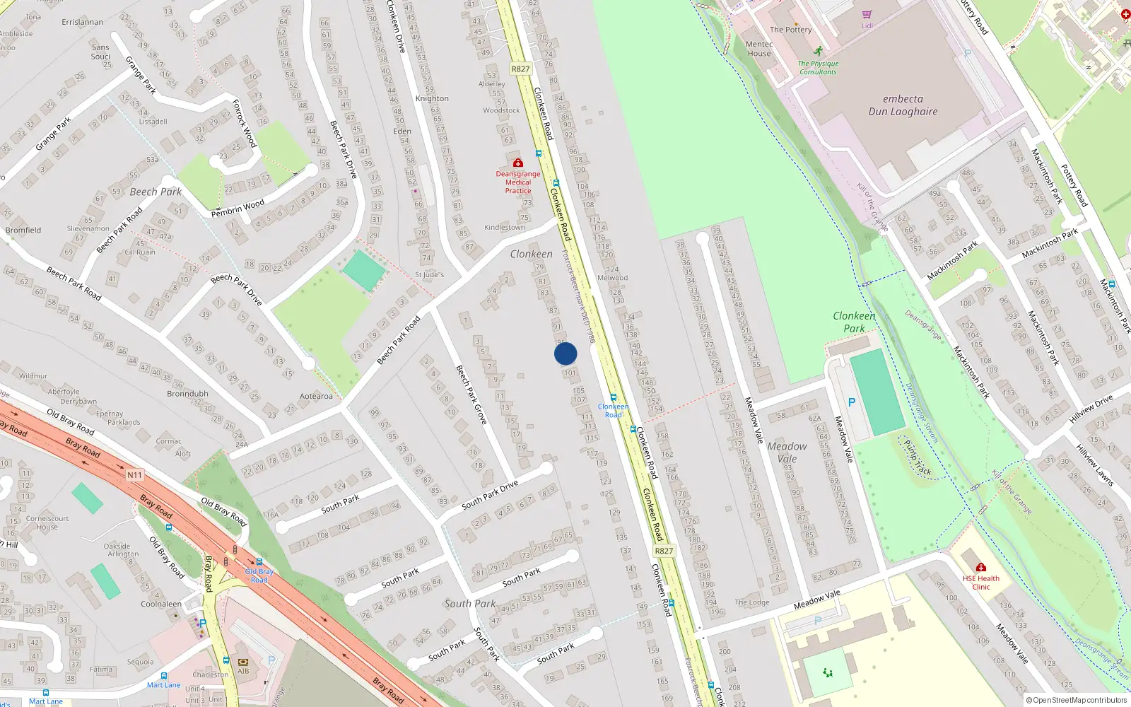 Overhead map showing the location of 93 Clonkeen Road, Blackrock