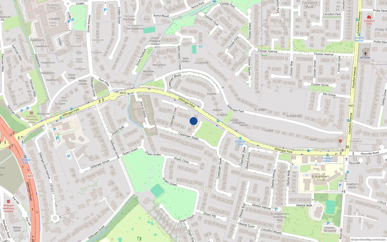 Overhead map showing the location of 93 Coppinger Glade, Dublin