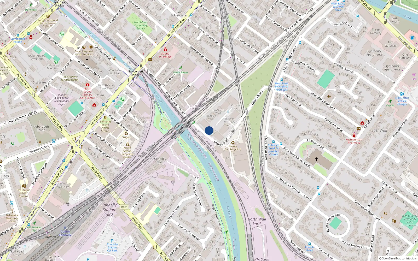 Overhead map showing the location of 93 Crosbies Yard, Ossory Road, East Wall