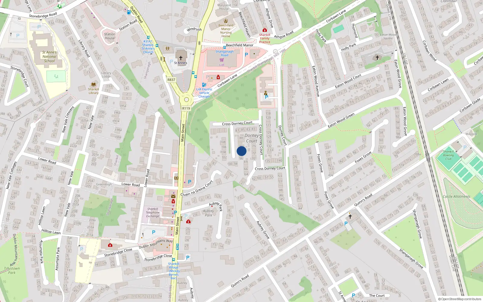 Overhead map showing the location of 93 Dorney Court, Shankill