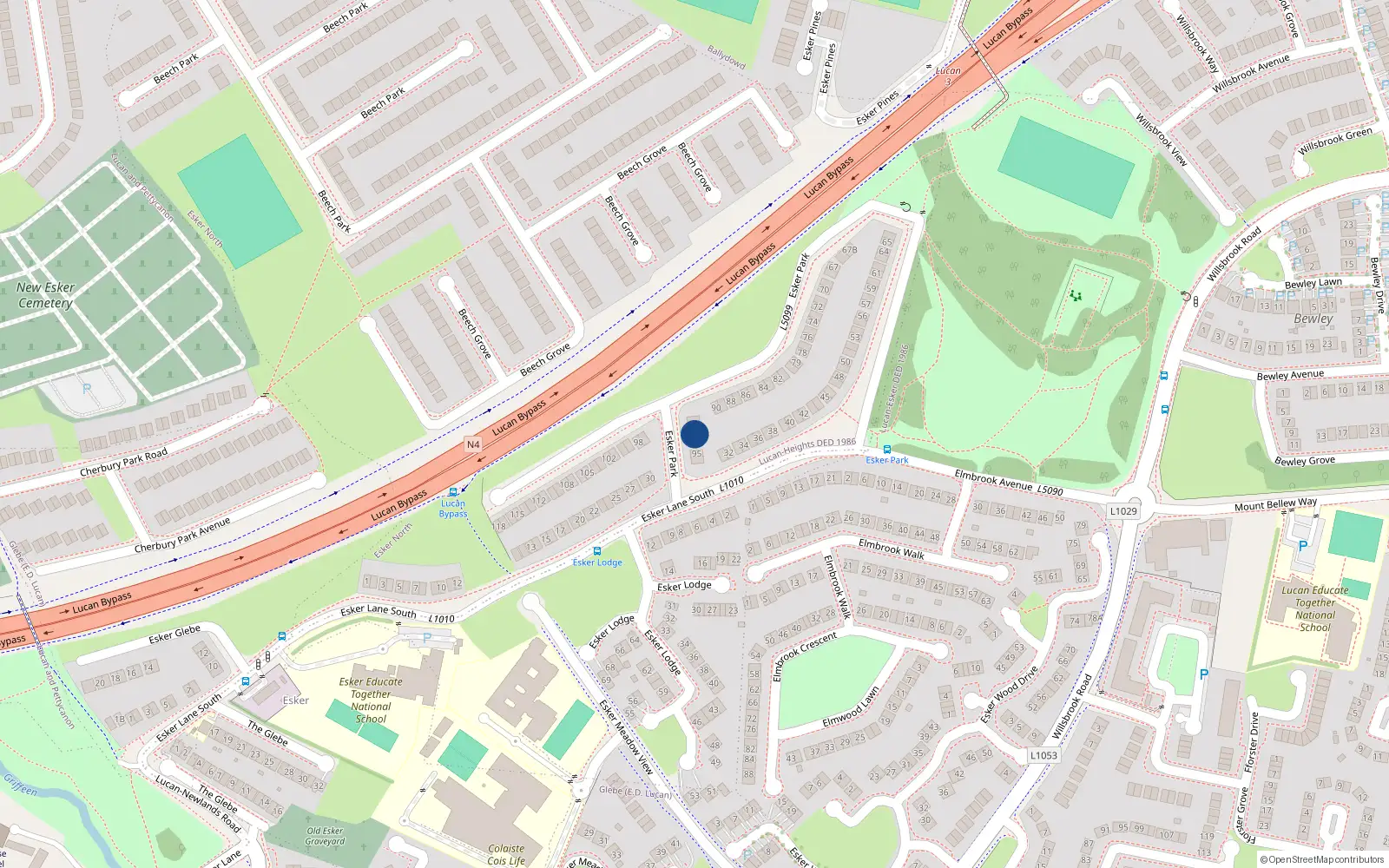 Overhead map showing the location of 93 Esker Park, Lucan