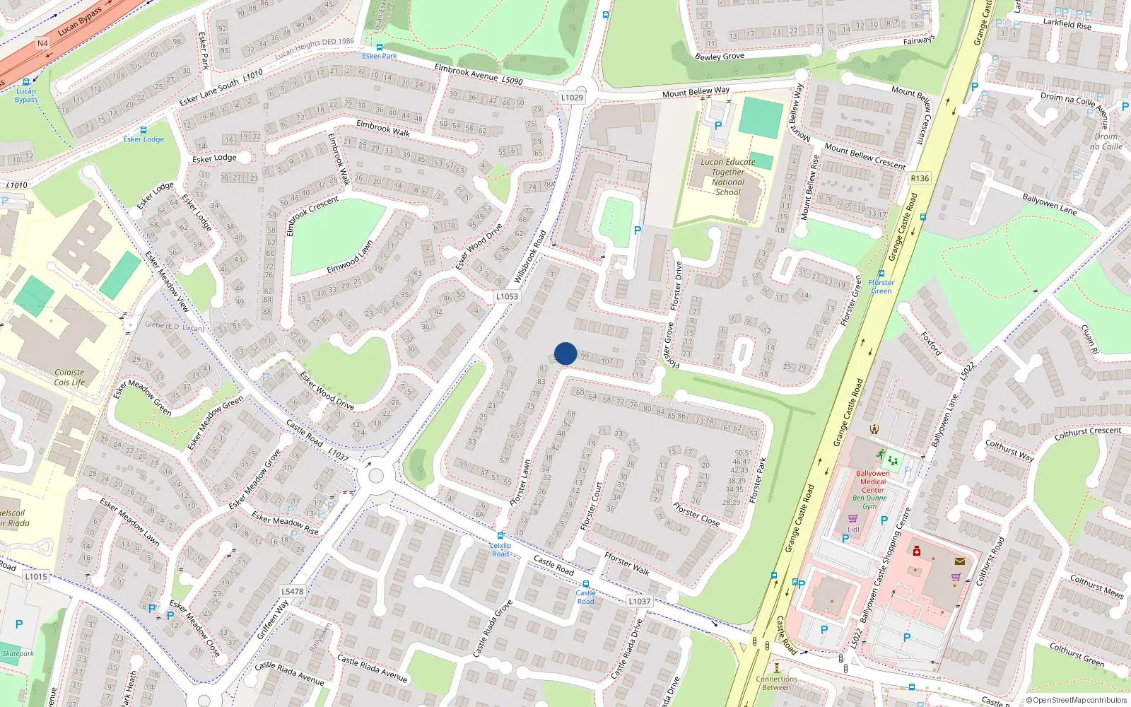 Overhead map showing the location of 93 Fforester Lawn, Lucan, Co Dublin