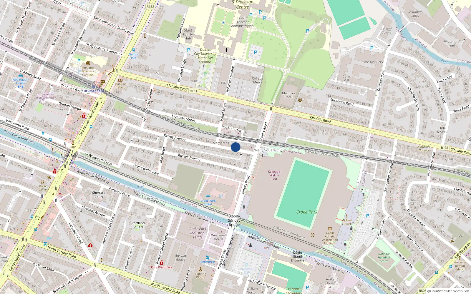 Overhead map showing the location of 93 Fitzroy Avenue, Drumcondra, Dublin 3