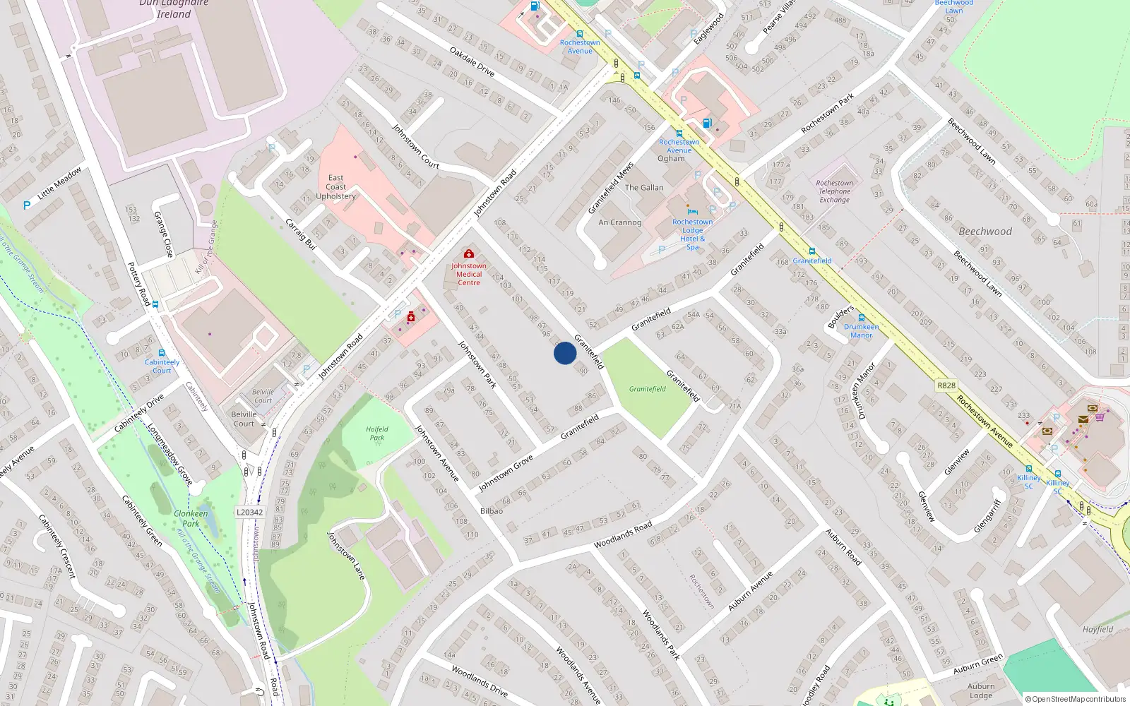 Overhead map showing the location of 93 Granitefield, Dun Laoghaire, Dublin
