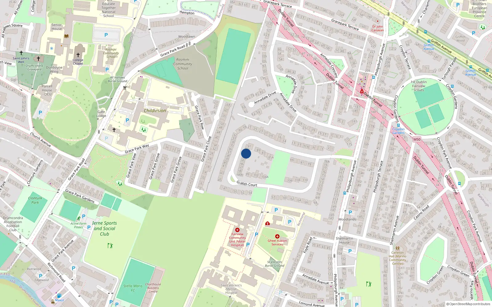 Overhead map showing the location of 93 Griffith Court, Dublin 3