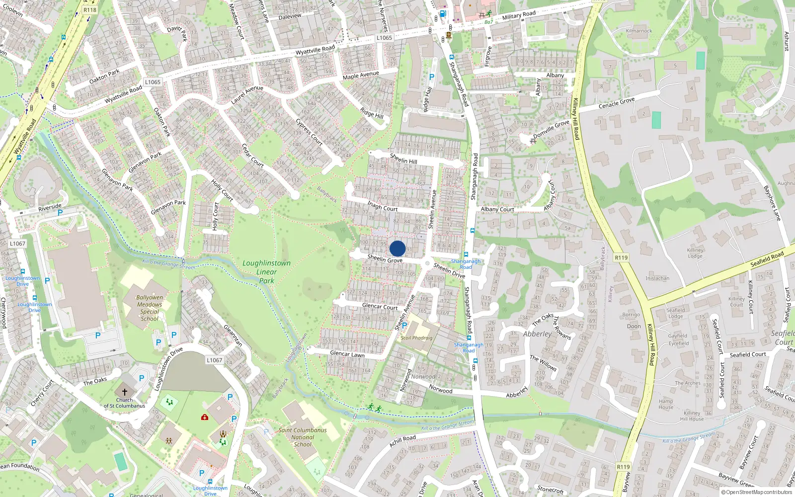 Overhead map showing the location of 93 Inagh Court, Ballybrack