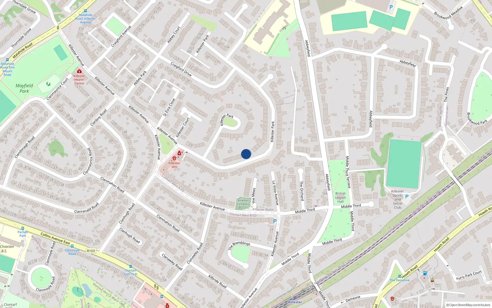 Overhead map showing the location of 93 Killester Park, Killester, Dublin 5
