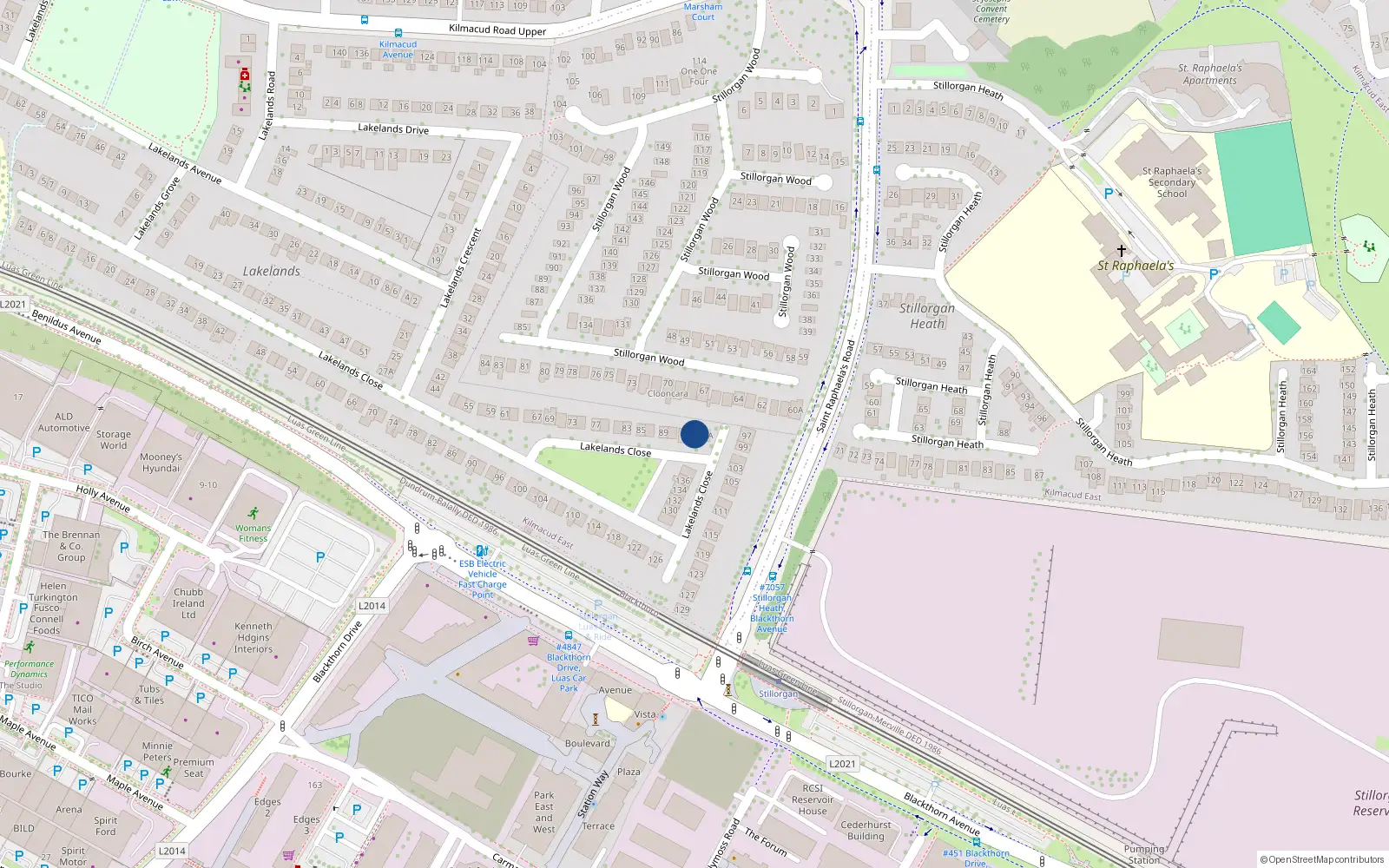 Overhead map showing the location of 93 Lakelands Close, Dublin