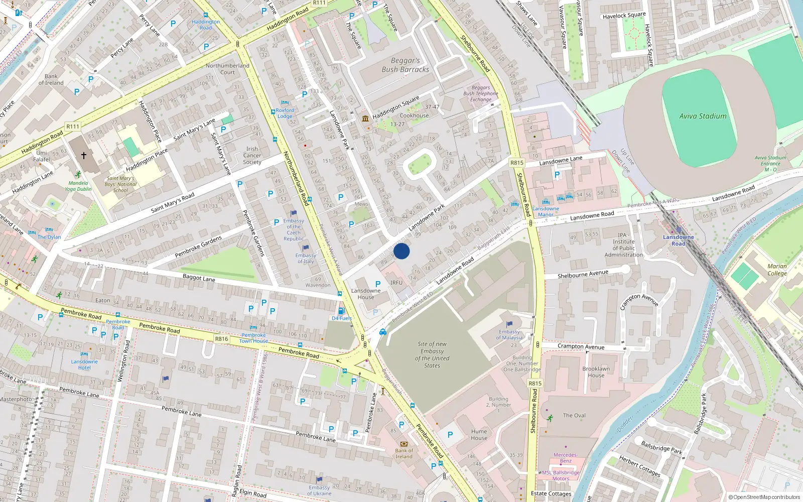 Overhead map showing the location of 93 Lansdowne Park, Dublin 4