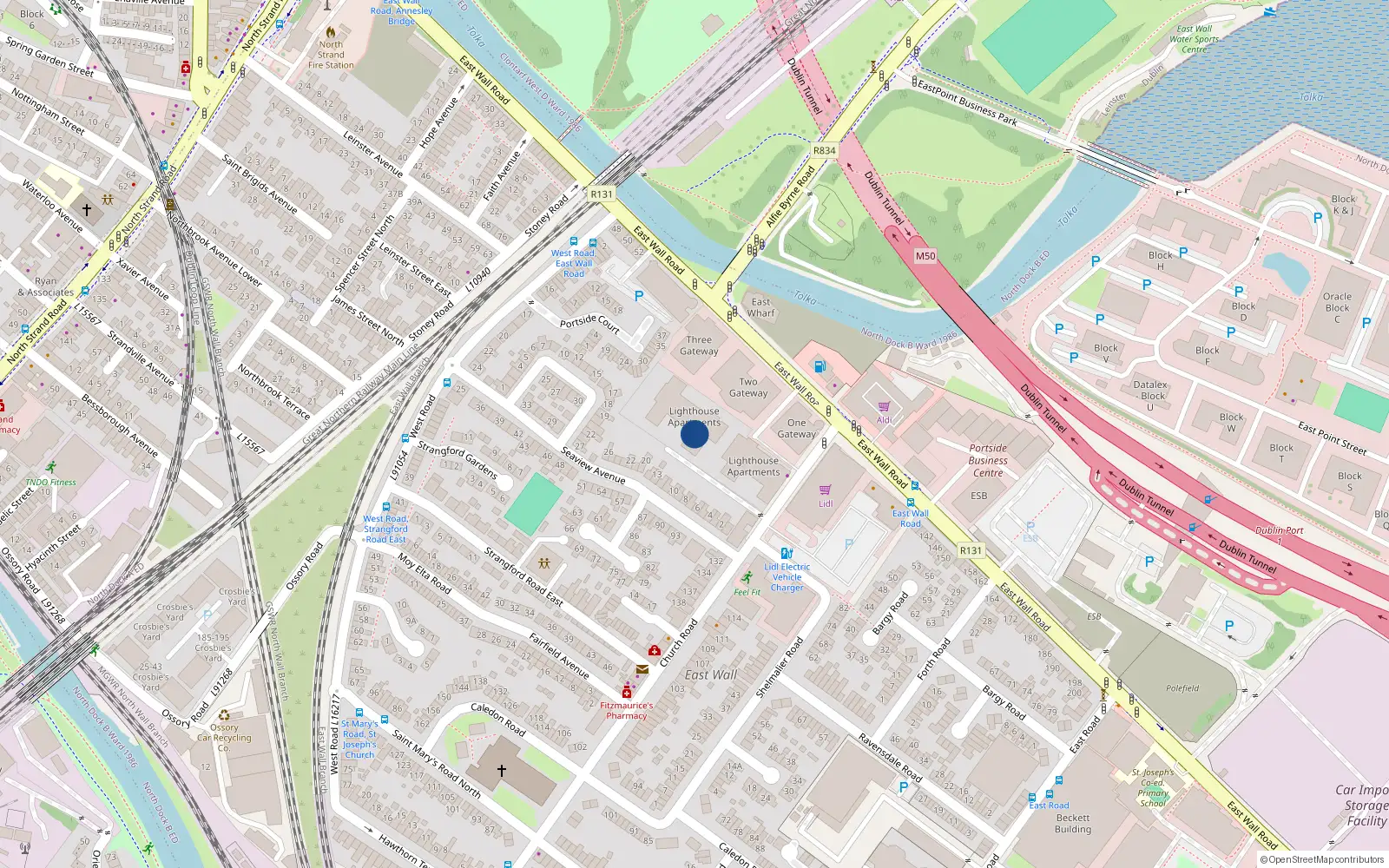 Overhead map showing the location of 93 Lighthouse Apts, Church Road, East Wall Dublin 3