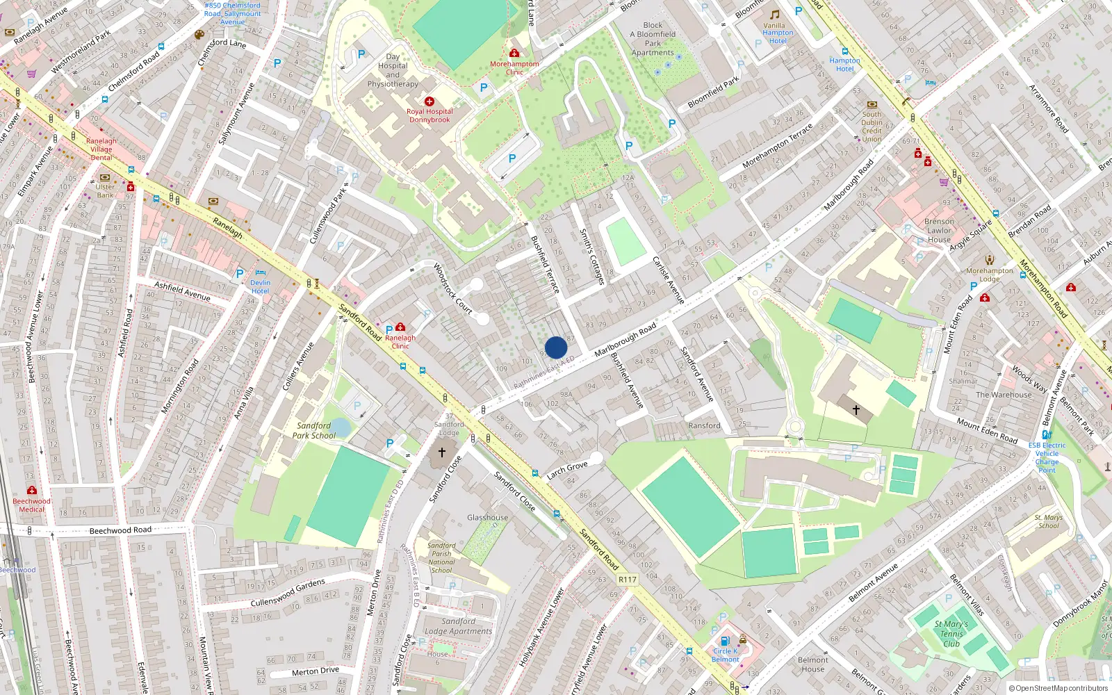 Overhead map showing the location of 93 Marlborough Road, Donnybrook