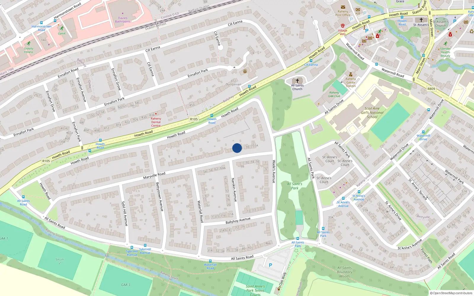 Overhead map showing the location of 93 Maryville Road, Dublin 5