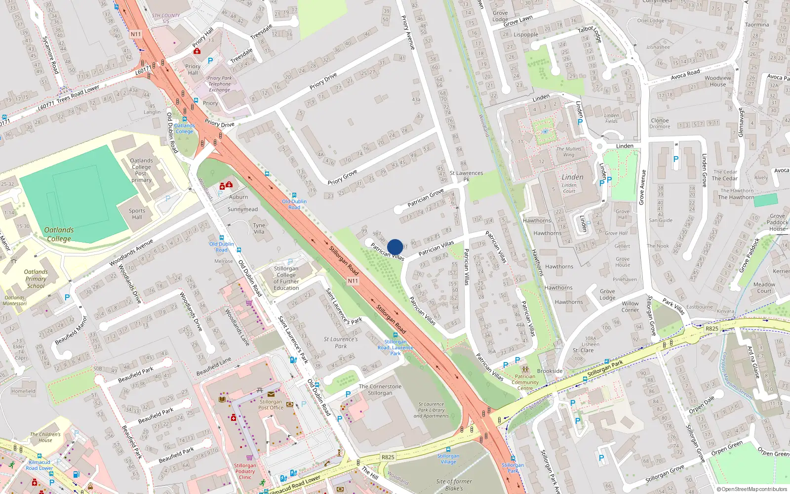 Overhead map showing the location of 93 Patrician Villas, Stillorgan, Co Dublin