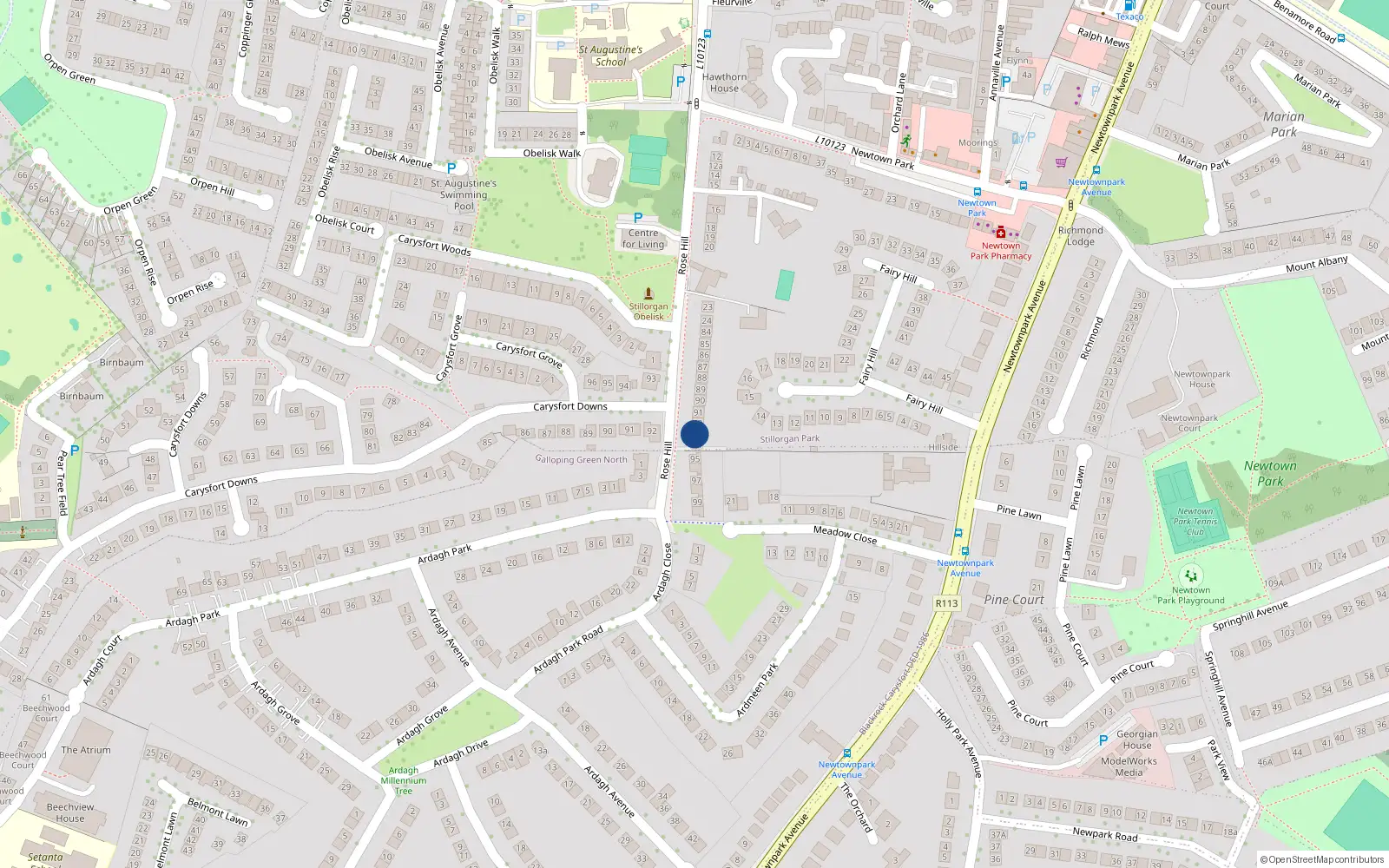 Overhead map showing the location of 93 Rosehill, Carysfort Avenue, Blackrock