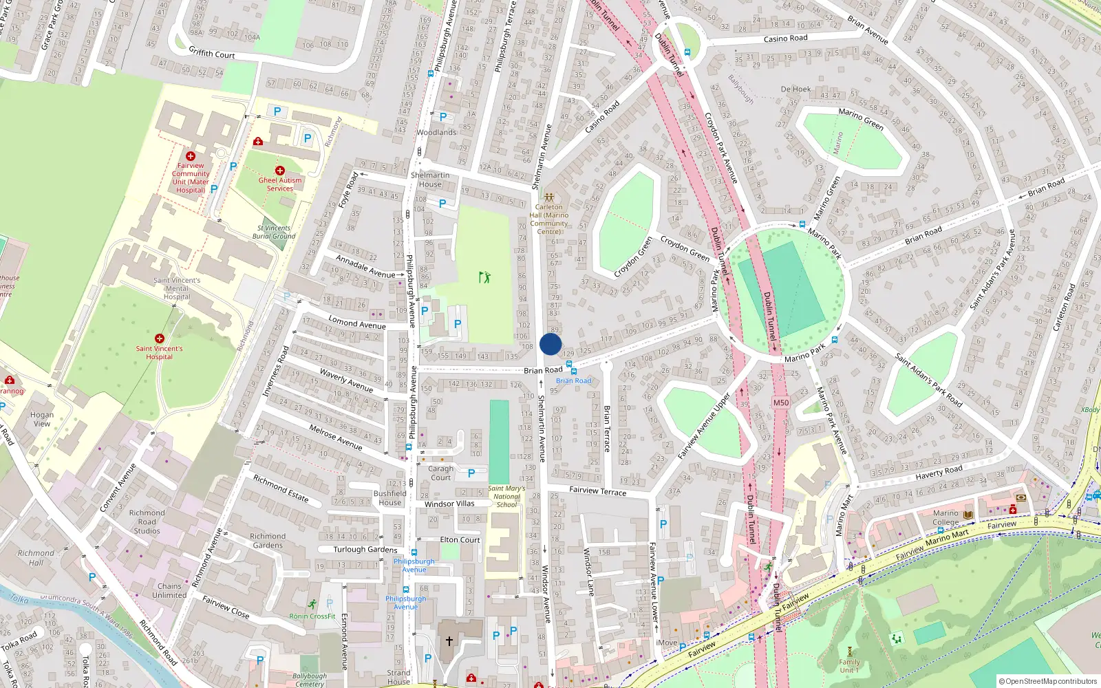 Overhead map showing the location of 93 Shelmartin Avenue, Marino, Dublin 3