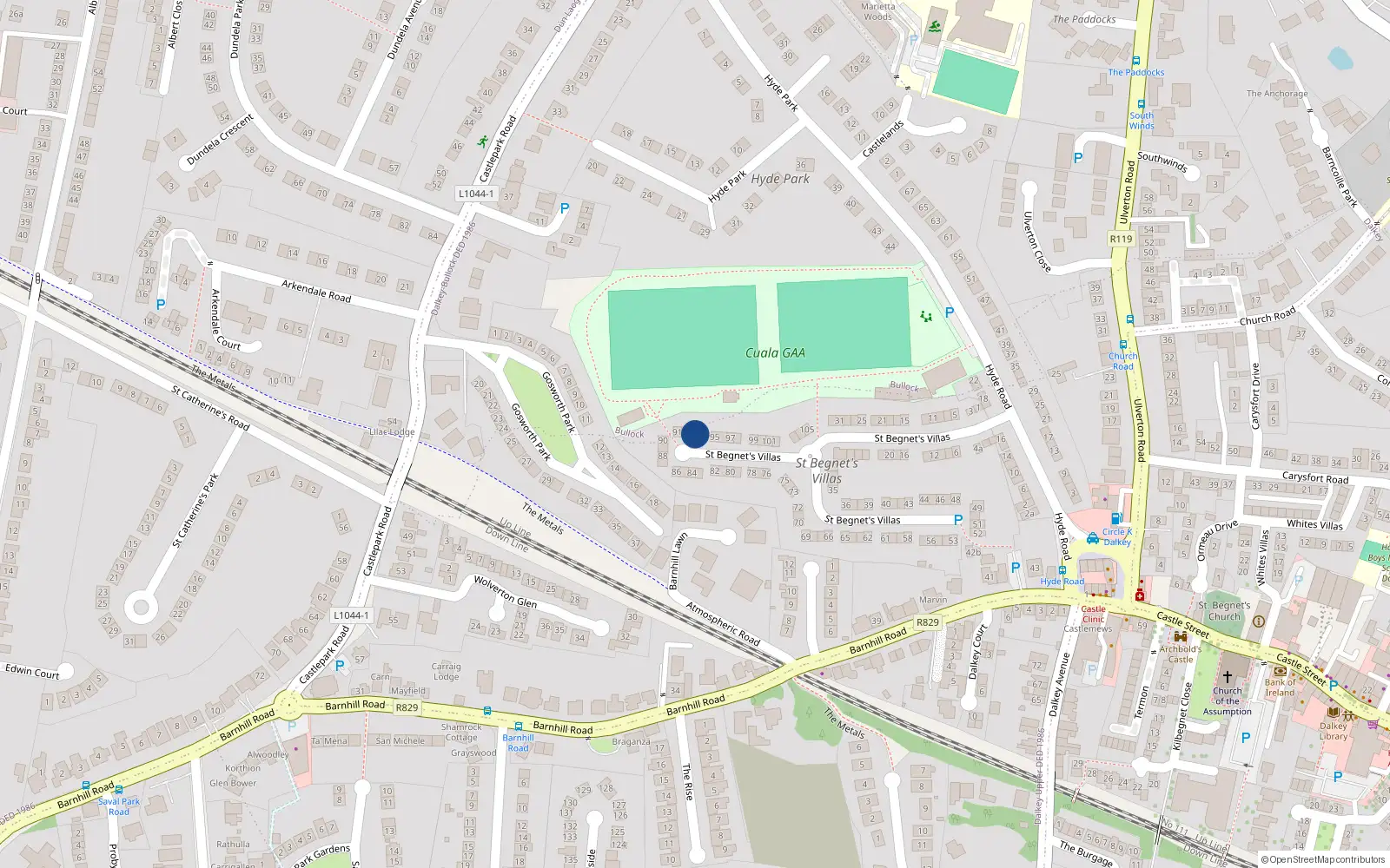 Overhead map showing the location of 93 St Begnets Villas, Dalkey, Dublin