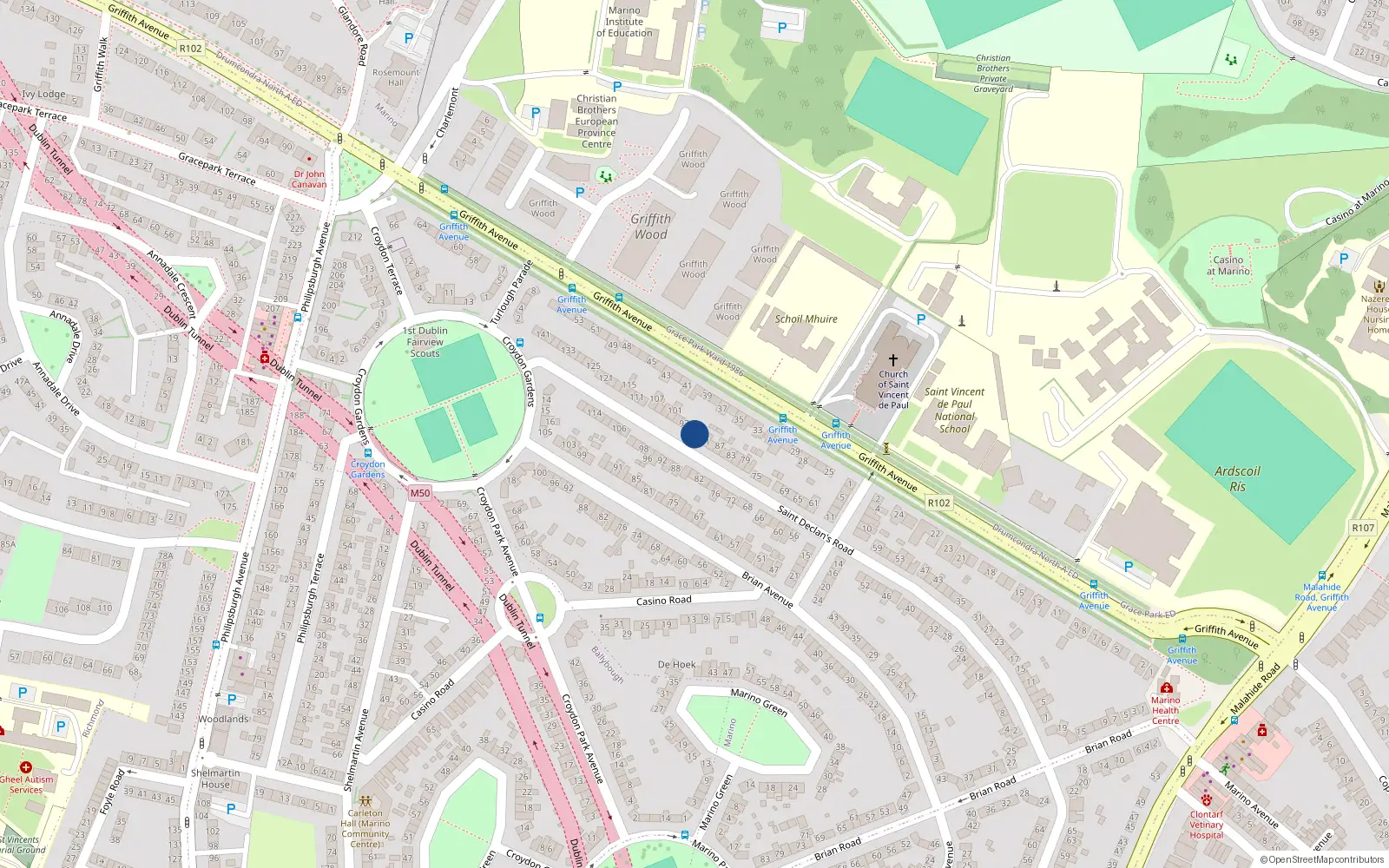 Overhead map showing the location of 93 St Declans Road, Marino, Dublin 3