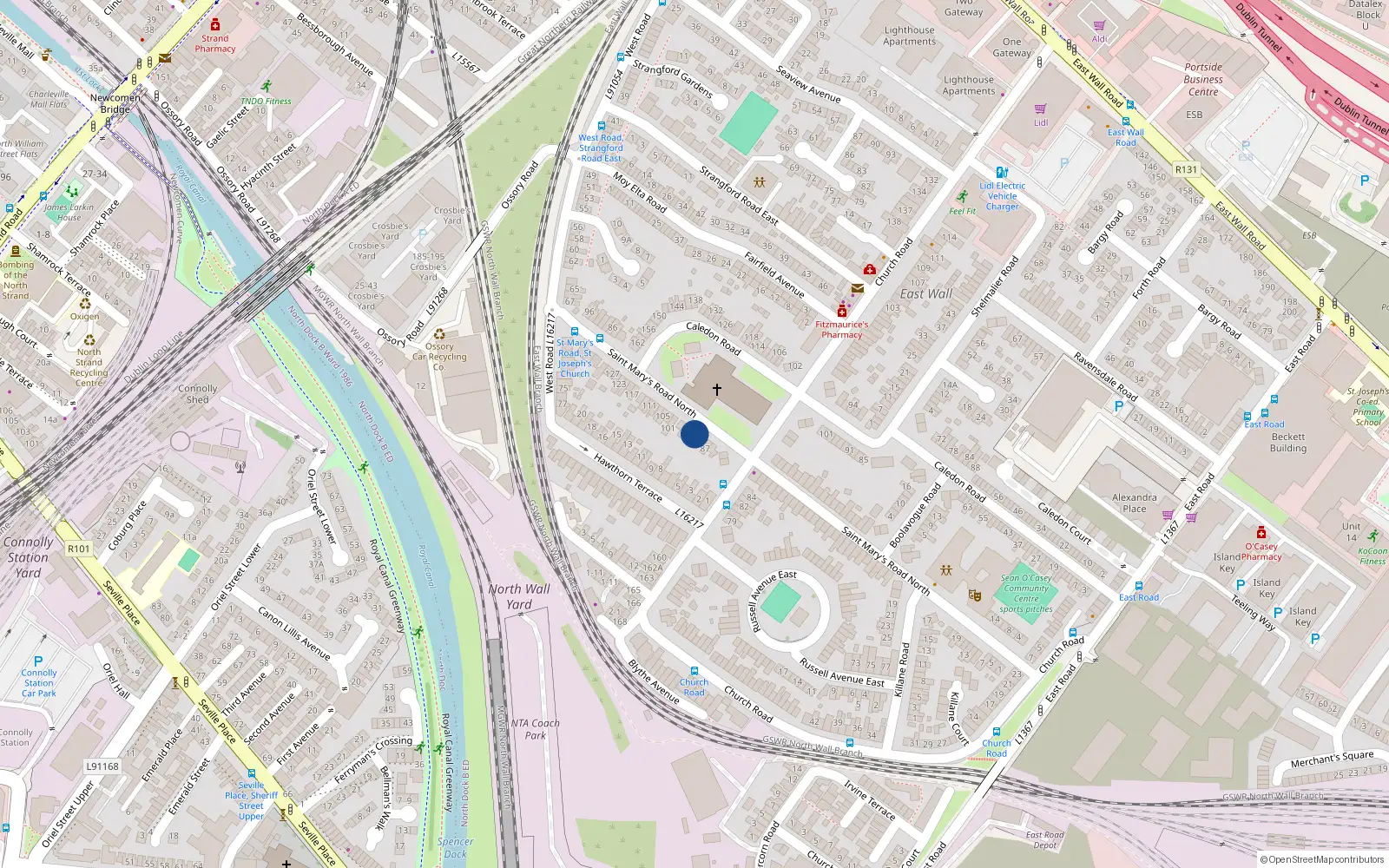 Overhead map showing the location of 93 St Marys Road, East Wall, Dublin 3