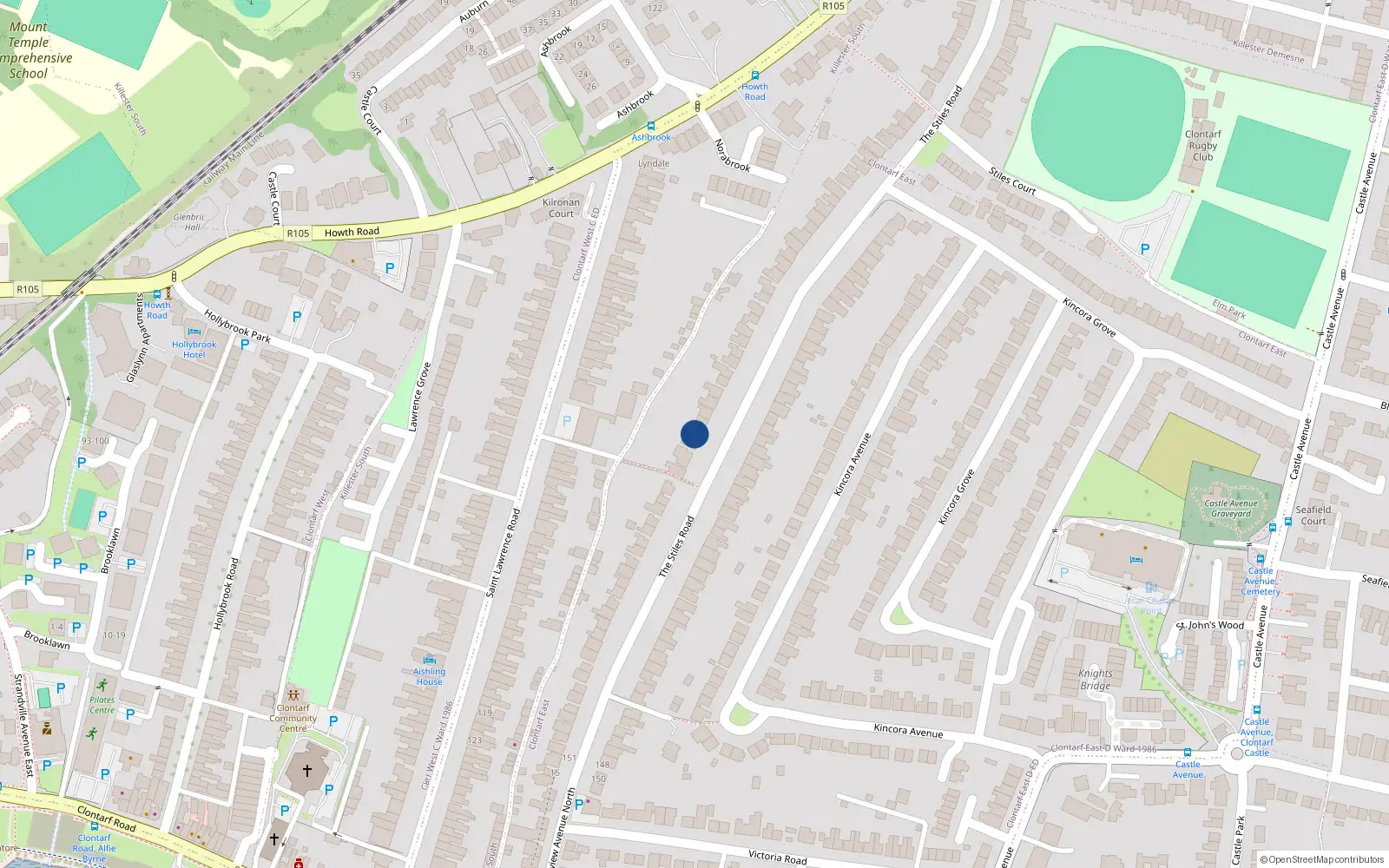 Overhead map showing the location of 93 the Stiles Road, Clontarf, Dublin 3