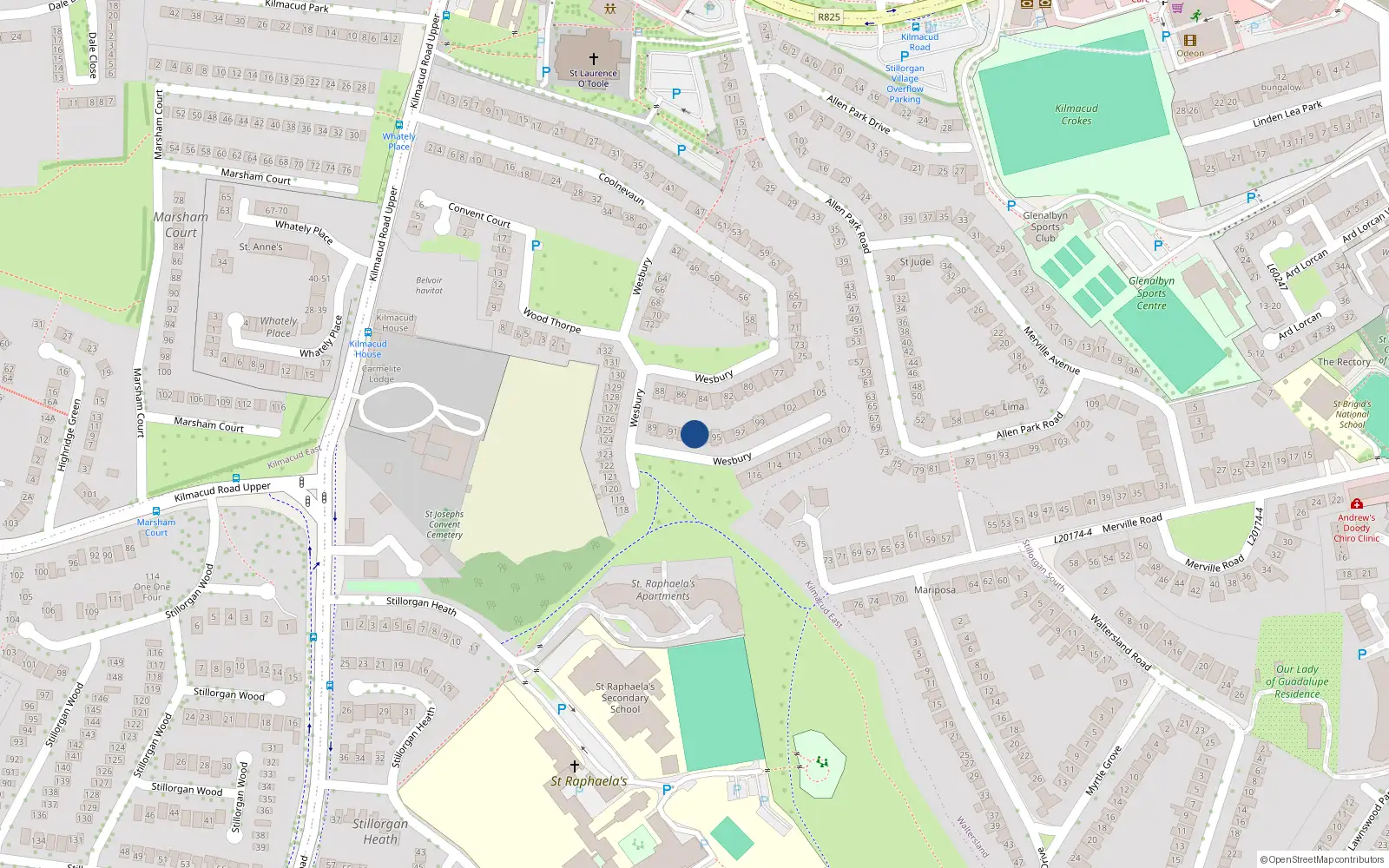 Overhead map showing the location of 93 Wesbury, Dublin