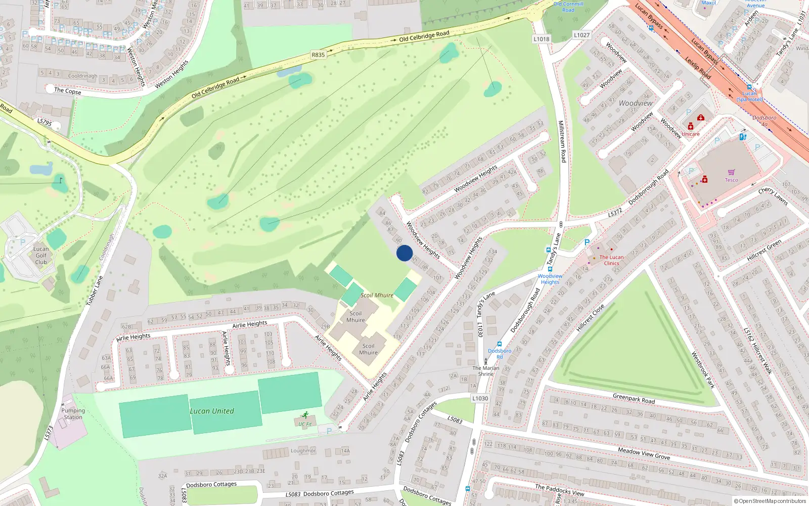 Overhead map showing the location of 93 Woodview Heights, Lucan, Dublin