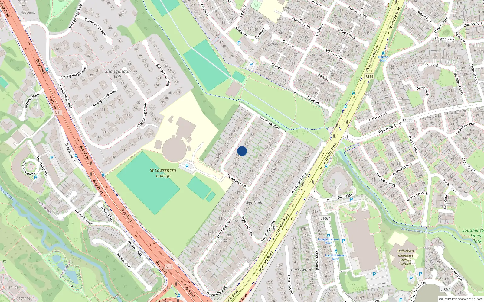 Overhead map showing the location of 93 Wyattville Park, Dublin
