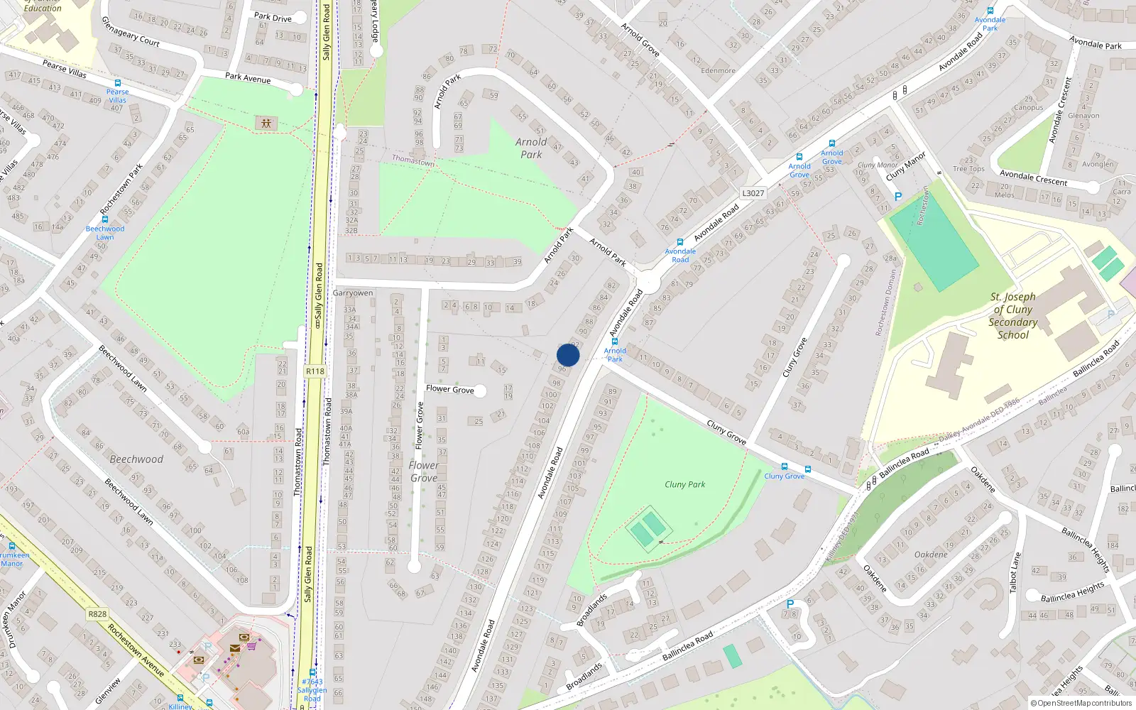 Overhead map showing the location of 94 Avondale Road, Killiney