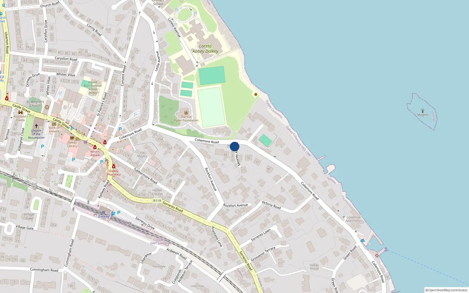 Overhead map showing the location of 94 Coliemore Road, Dalkey, Dublin