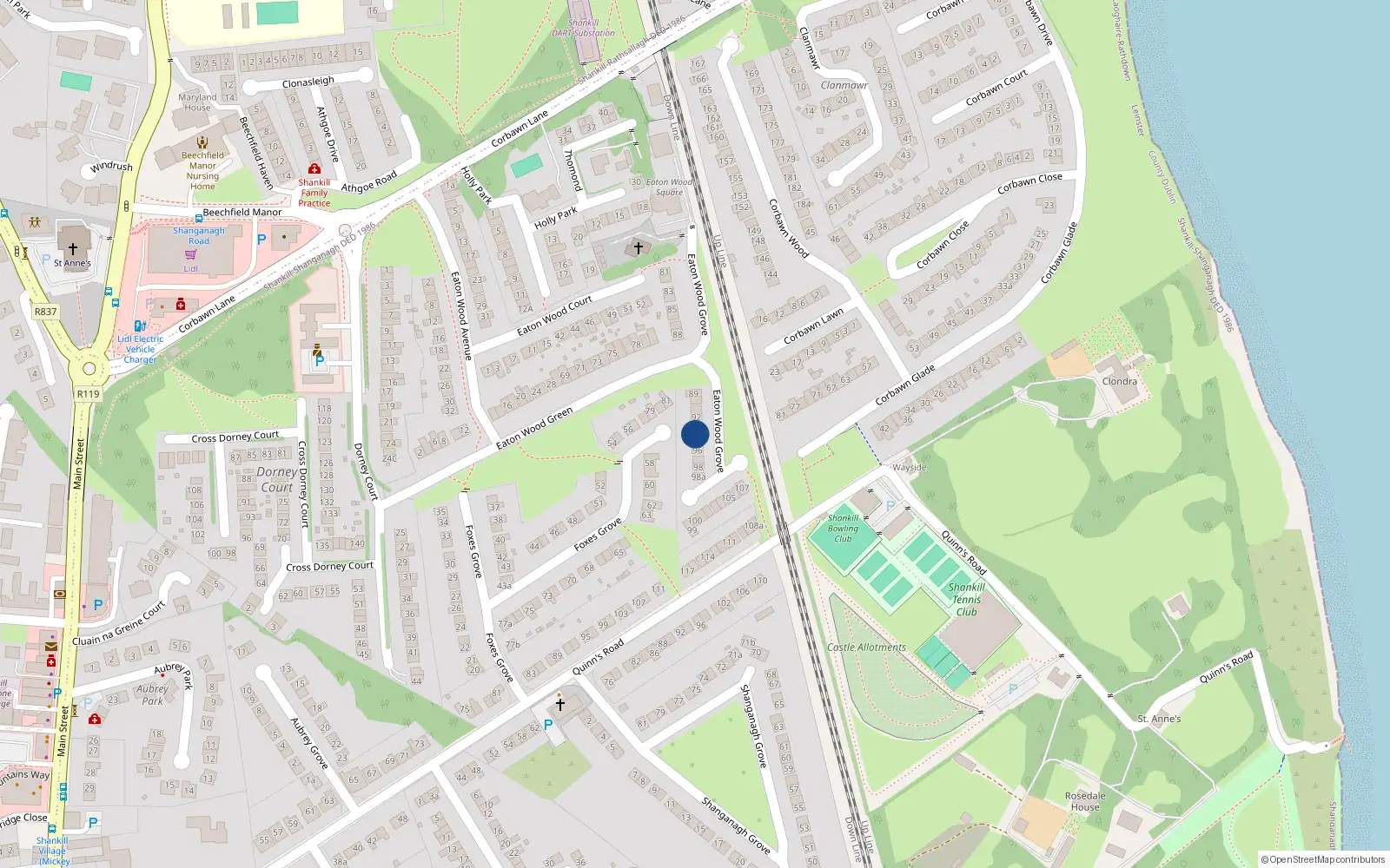 Overhead map showing the location of 94 Eaton Wood Grove, Dublin 18
