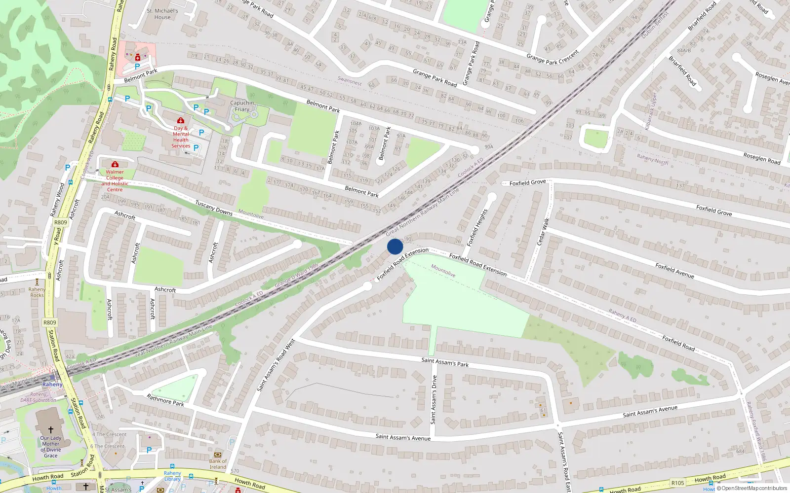 Overhead map showing the location of 94 Foxfield Road, Dublin 5