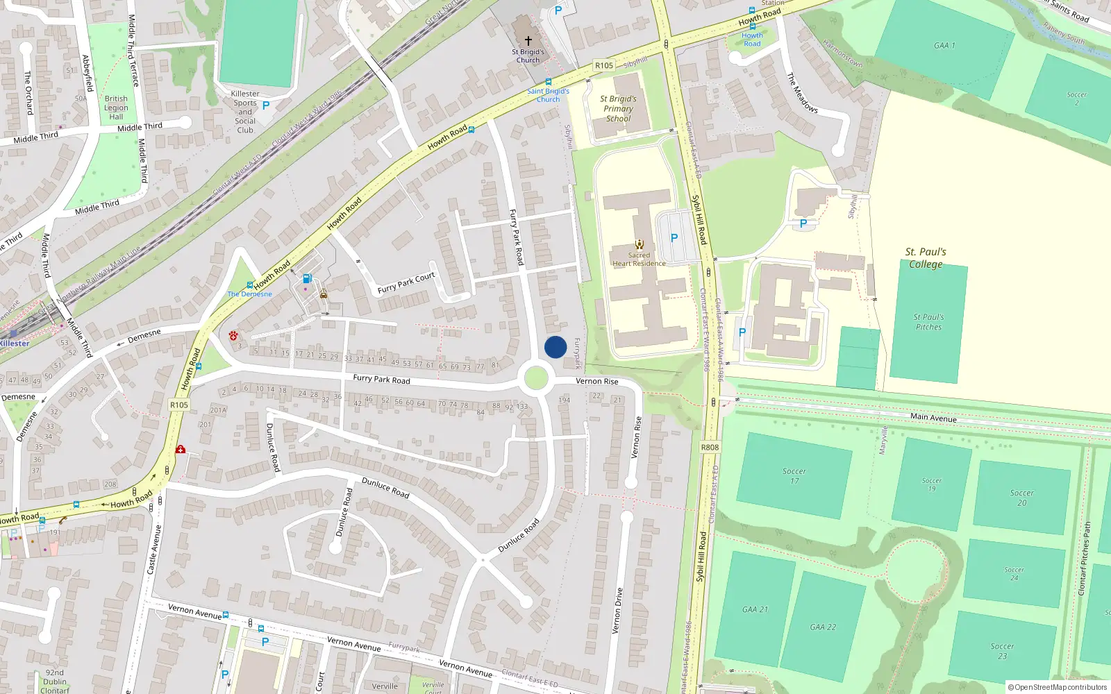 Overhead map showing the location of 94 Furry Park Road, Dublin 5