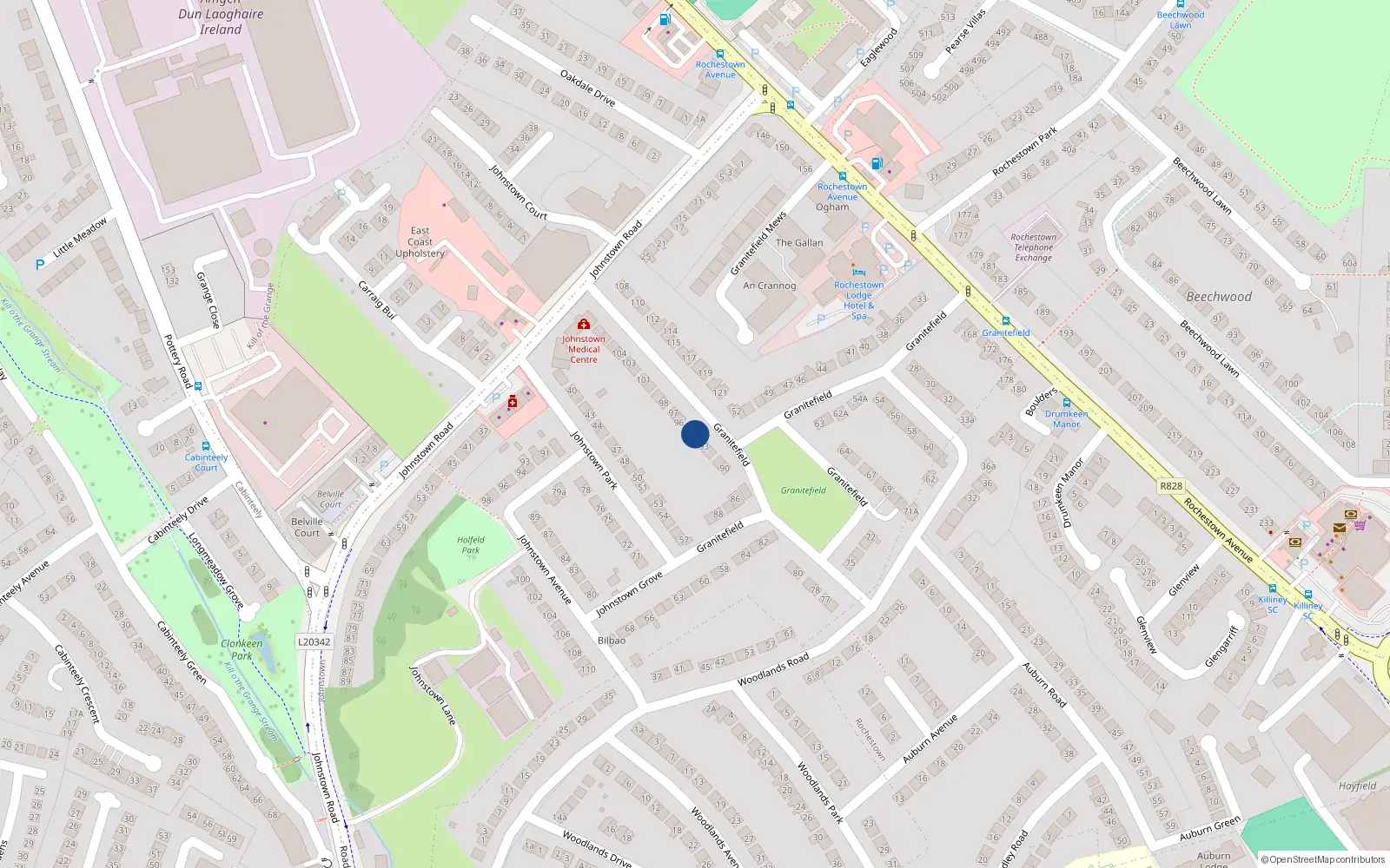 Overhead map showing the location of 94 Granitefield, Dun Laoghaire