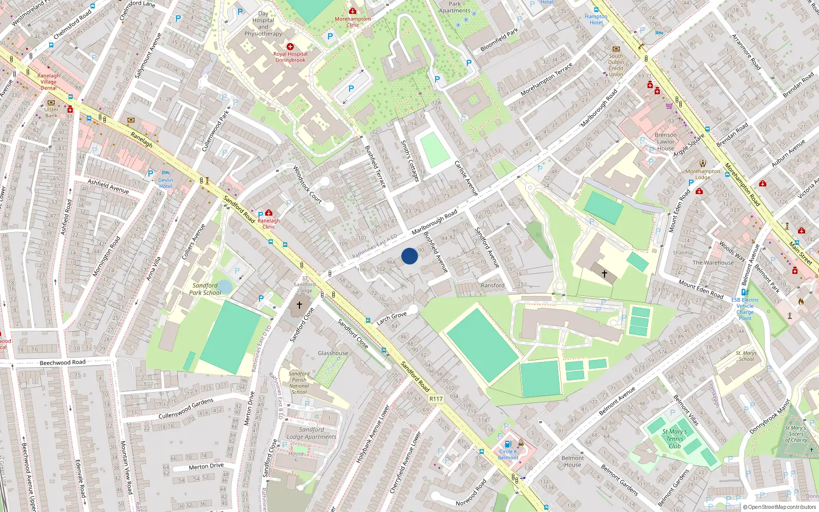 Overhead map showing the location of 94 Marlborough Road, Donnybrook