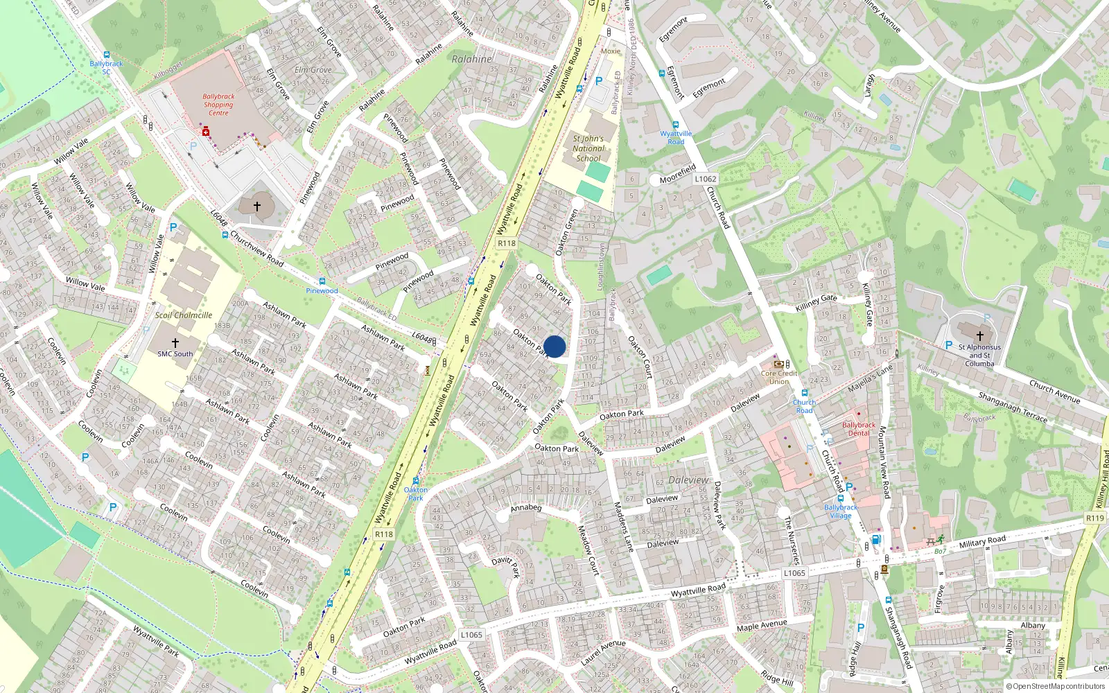 Overhead map showing the location of 94 Oakton Park, Dun Laoghaire