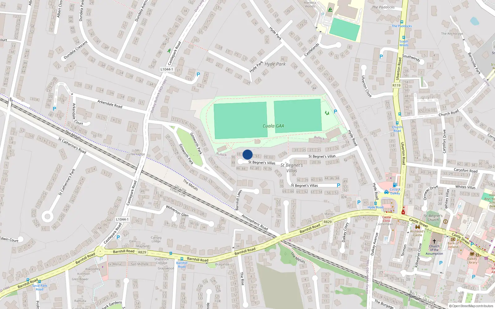 Overhead map showing the location of 94 St Begnets Villas, Dalkey, Dublin