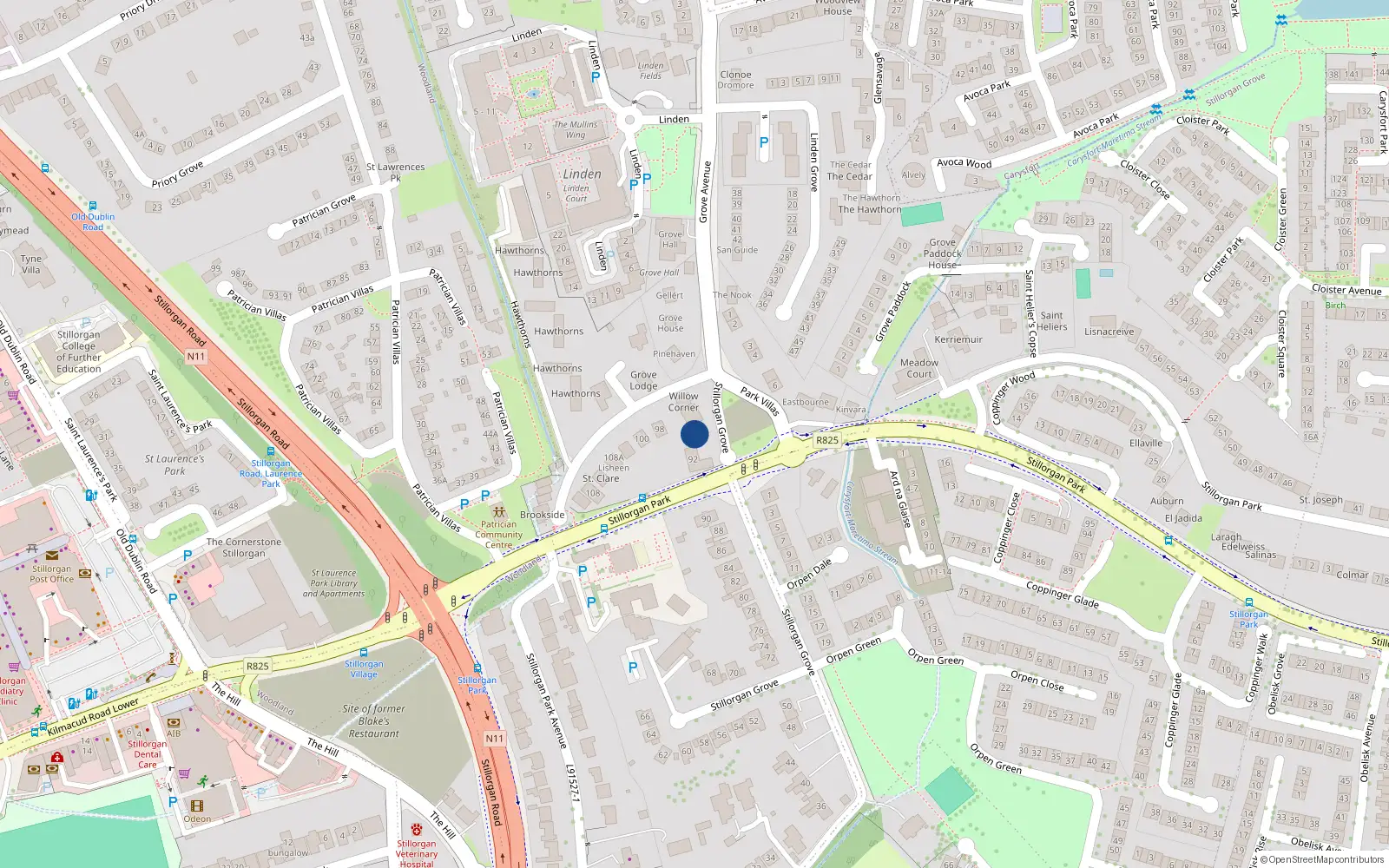 Overhead map showing the location of 94 Stillorgan Grove, Dublin