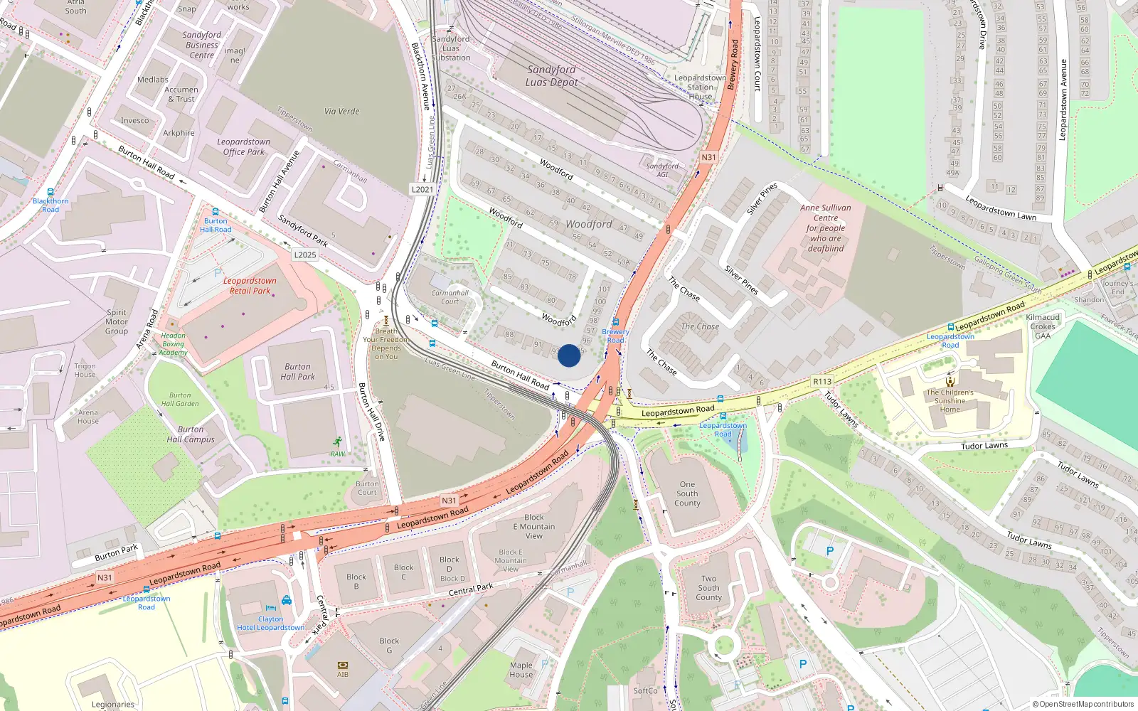 Overhead map showing the location of 94 Woodford, Stillorgan