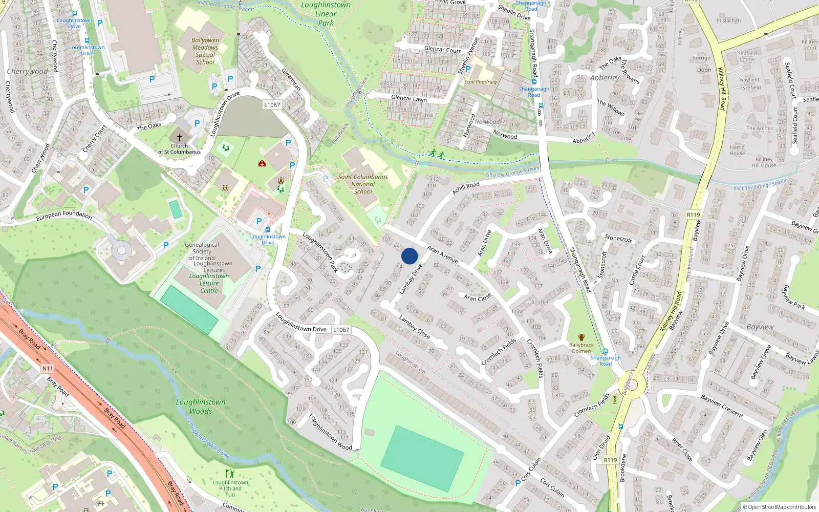 Overhead map showing the location of 95 Aran Avenue, Ballybrack, Dublin