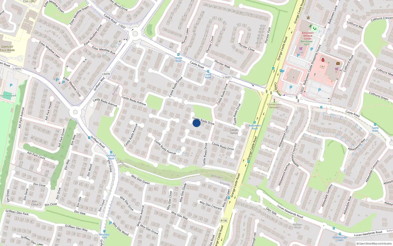 Overhead map showing the location of 95 Castle Riada Drive, Lucan