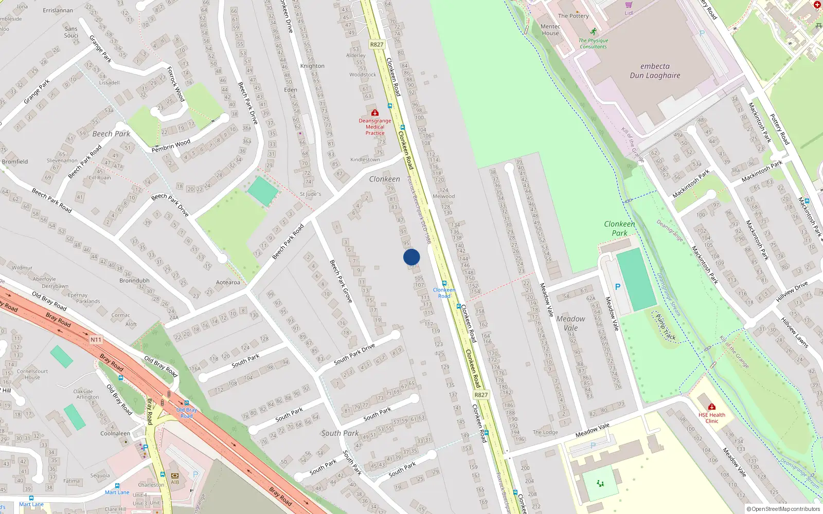 Overhead map showing the location of 95 Clonkeen Road, Blackrock