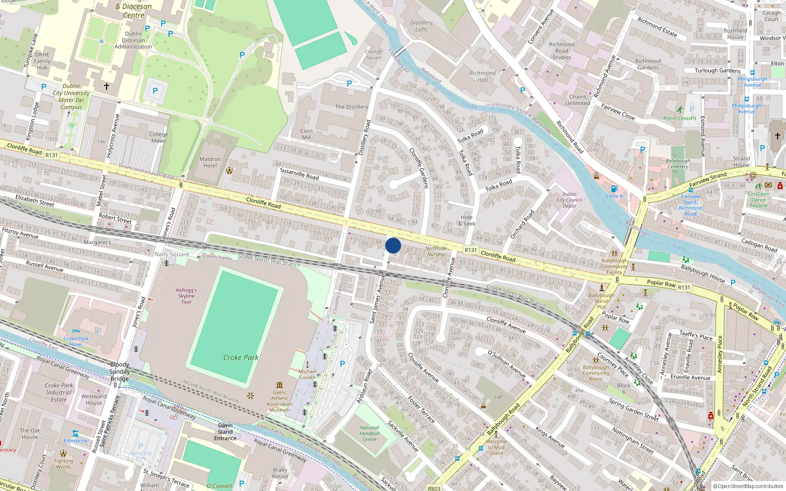 Overhead map showing the location of 95 Clonliffe Road, Dublin 3