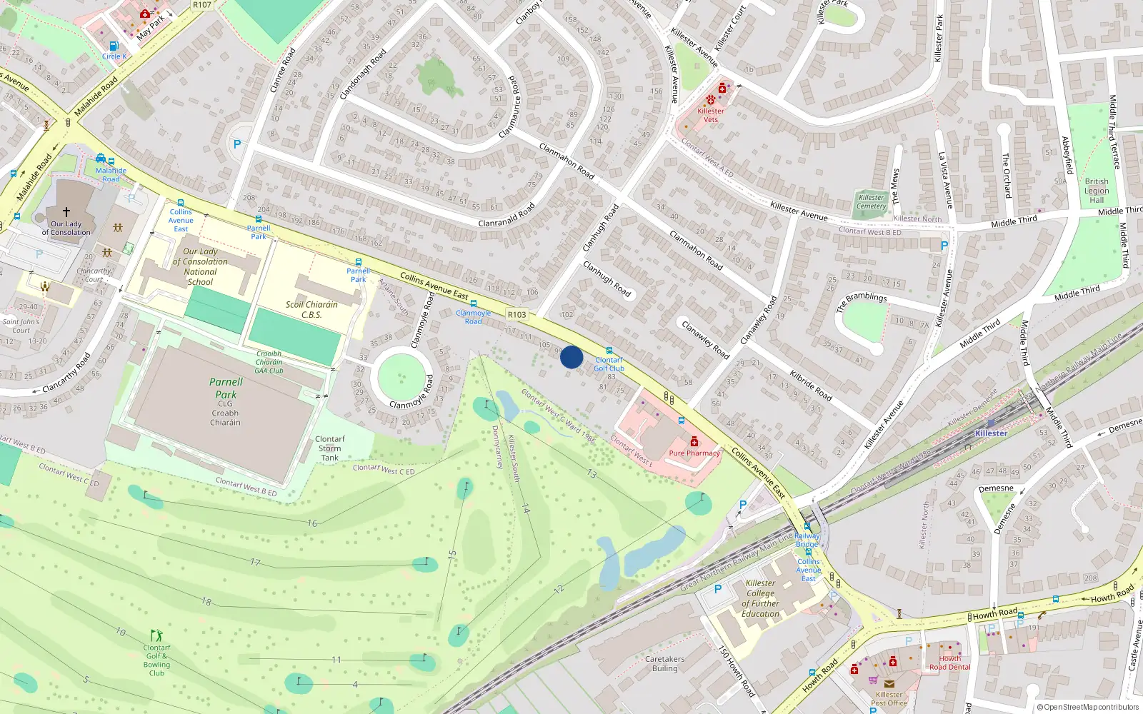 Overhead map showing the location of 95 Collins Avenue East, Dublin 5