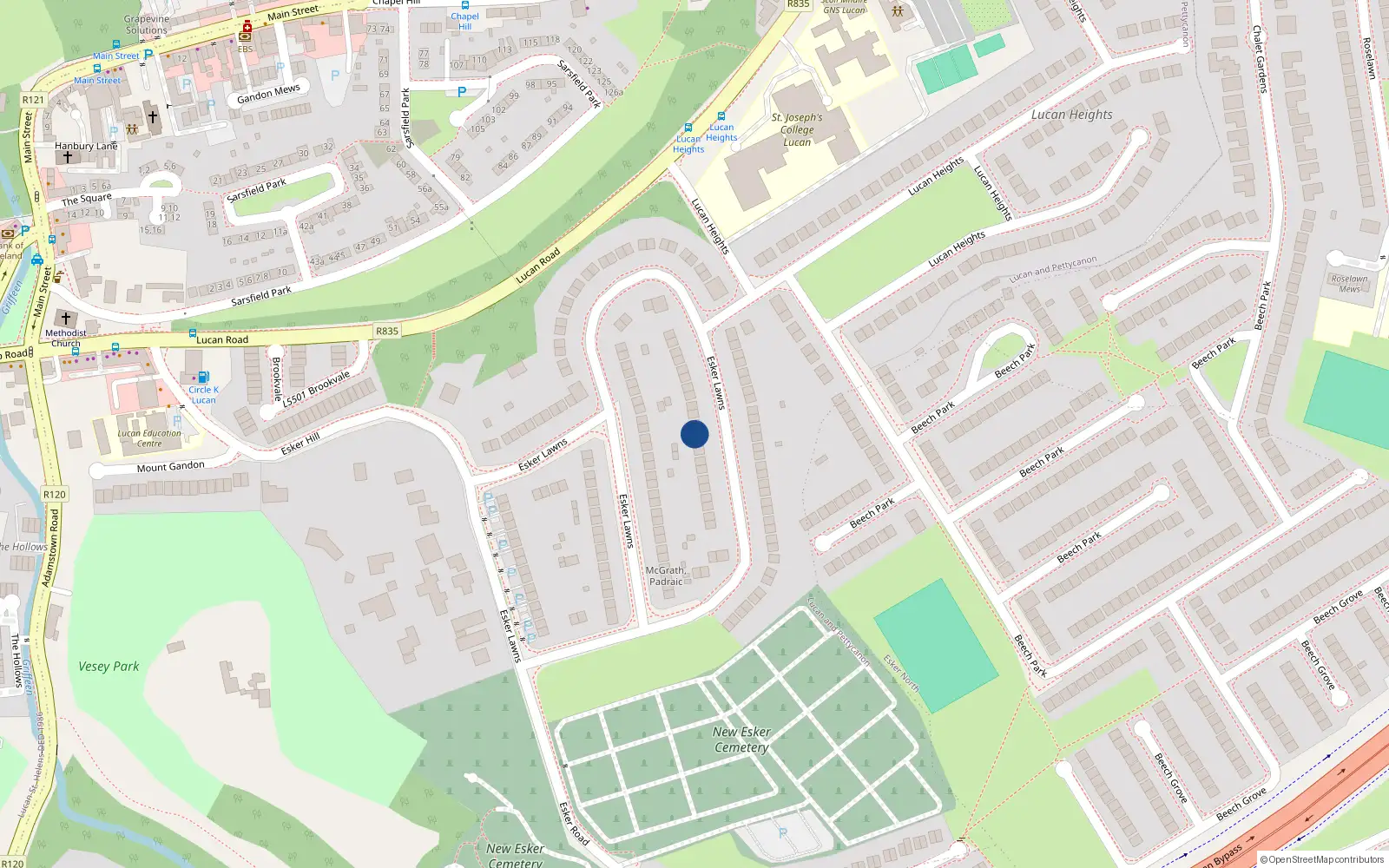 Overhead map showing the location of 95 Esker Lawns, Lucan, Dublin