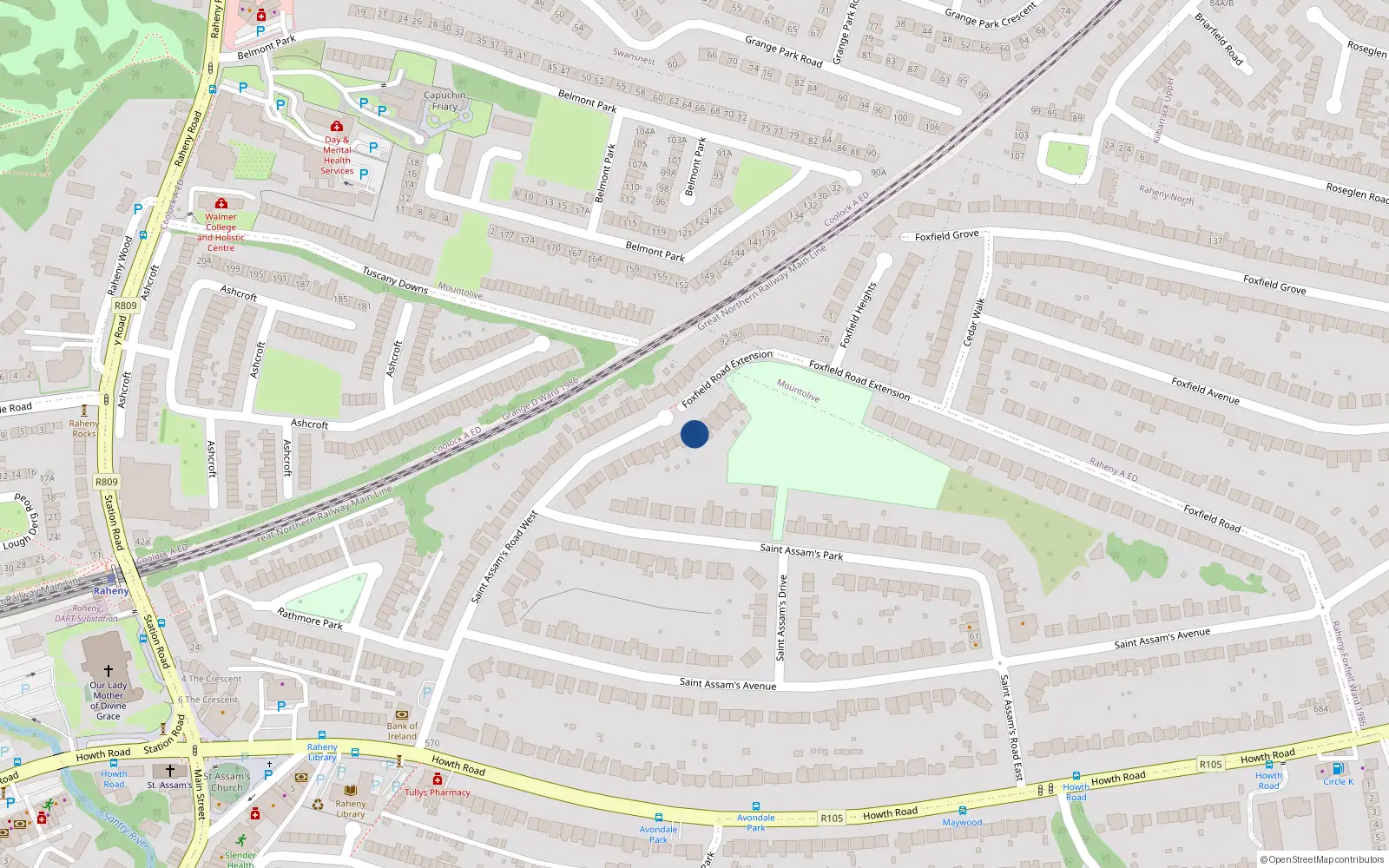 Overhead map showing the location of 95 Foxfield Road, Dublin 5