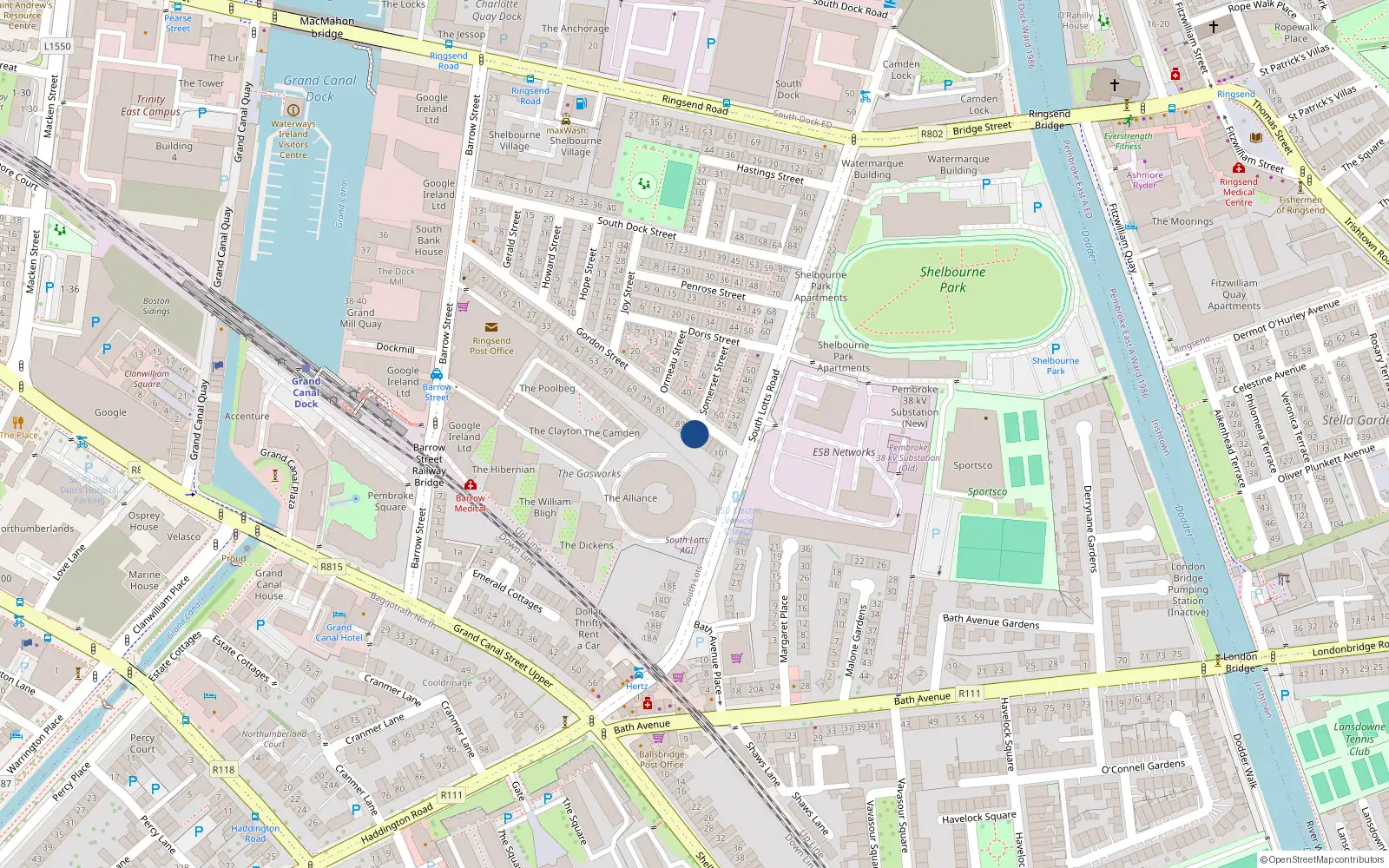 Overhead map showing the location of 95 Gordon Street, Dublin