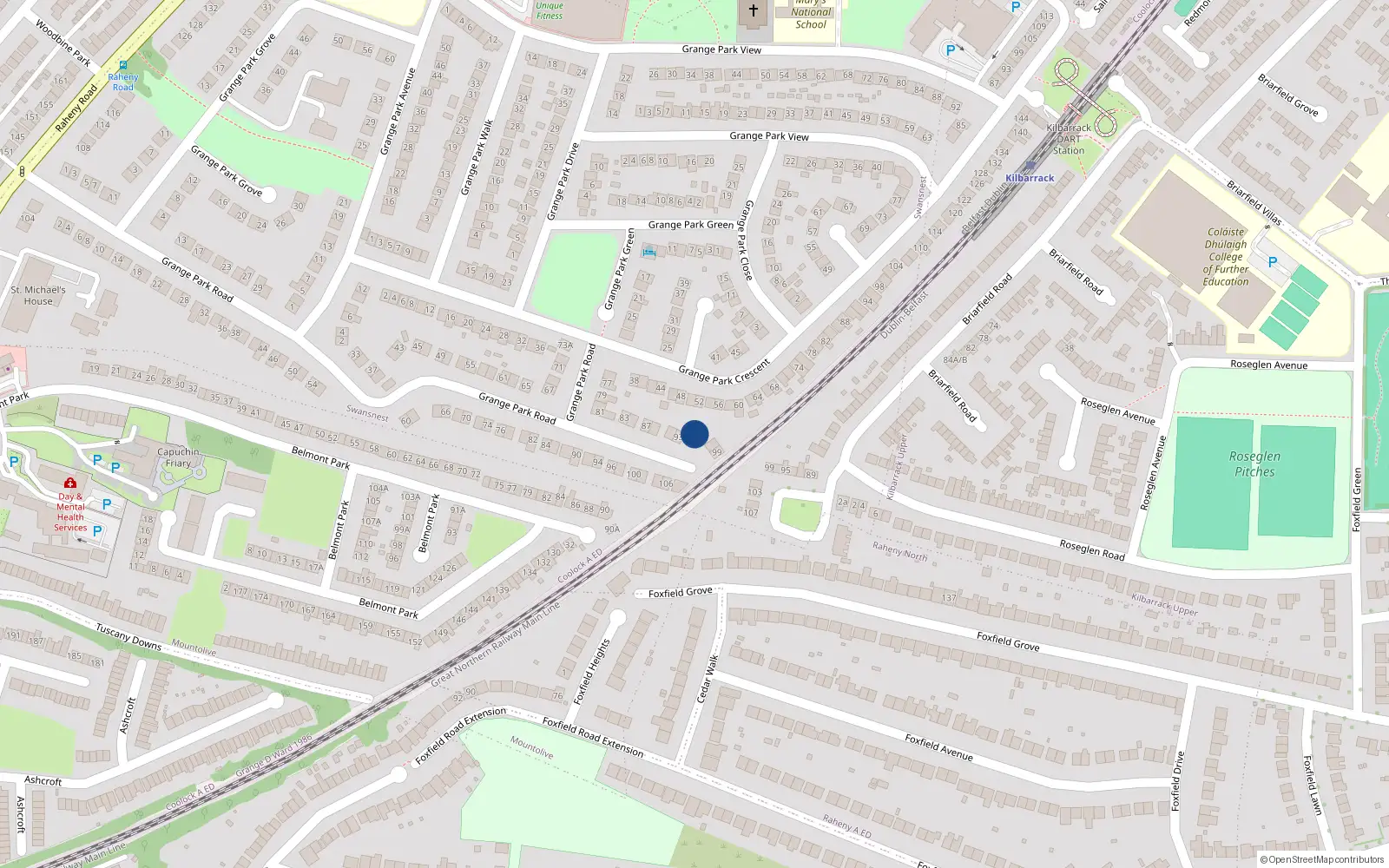 Overhead map showing the location of 95 Grange Park Road, Dublin 5