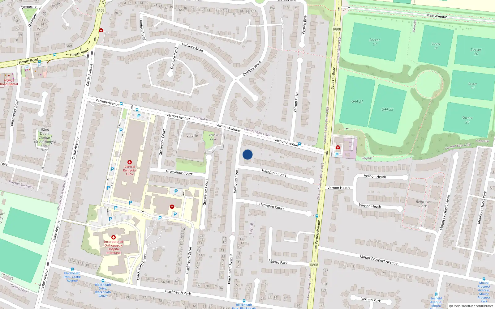Overhead map showing the location of 95 Hampton Court, Dublin 3