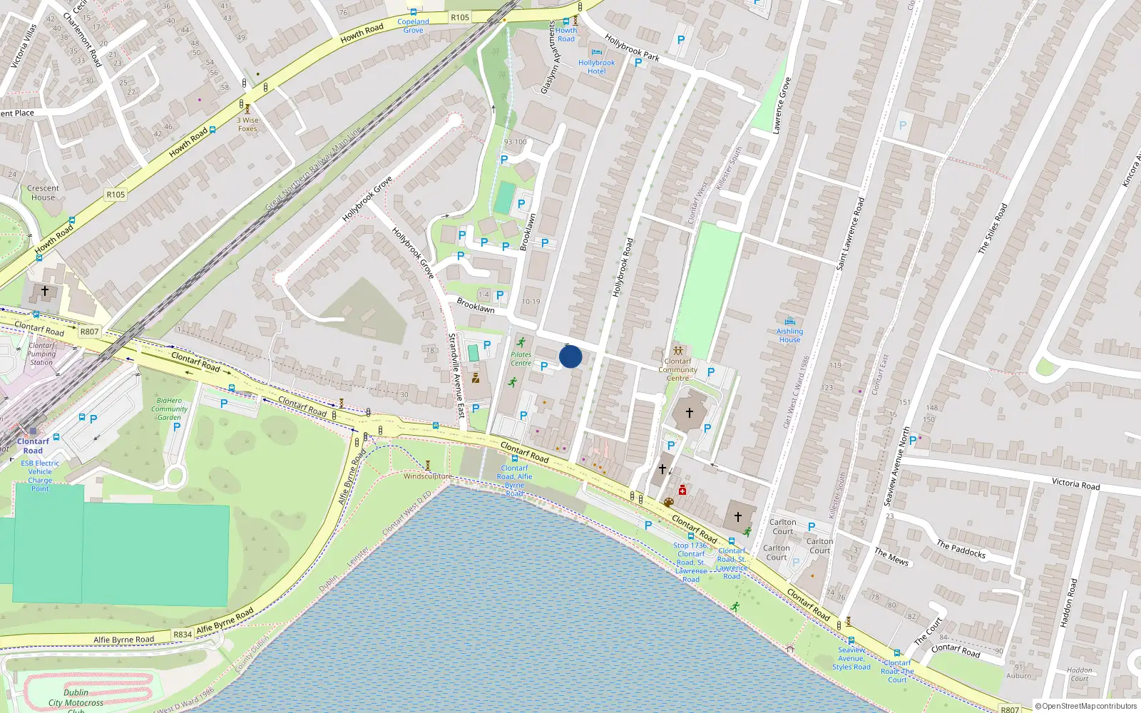 Overhead map showing the location of 95 Hollybrook Road, Clontarf, Dublin 3